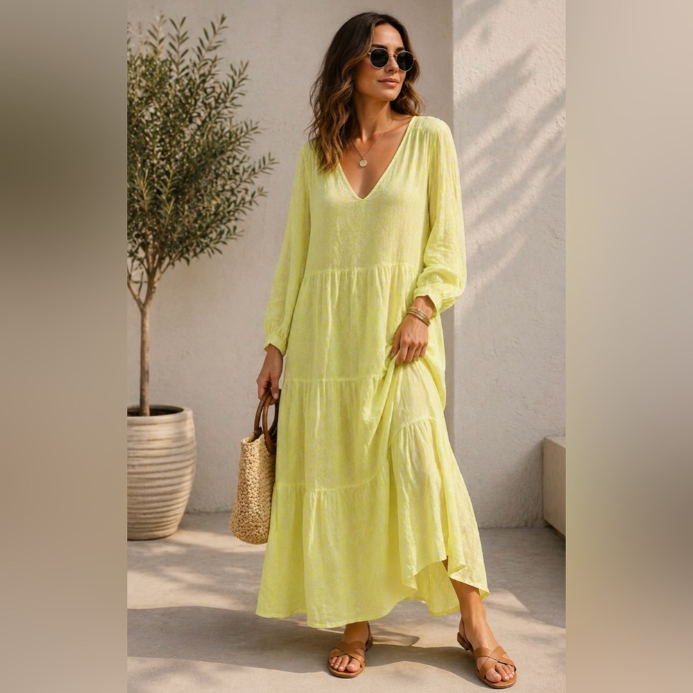 A New Day Tiered Dress Sz L Maxi Long Sleeve Boho Lined Beach Resort Neon Lt wt.